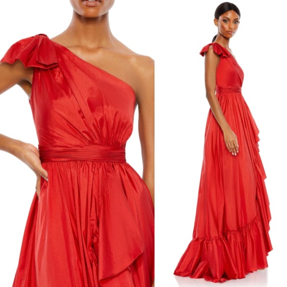 Mac Duggal Bow One Shoulder Ruffle Asymmetric Hem Gown Dress 68027 in 6 Red NWOT - Picture 2 of 7